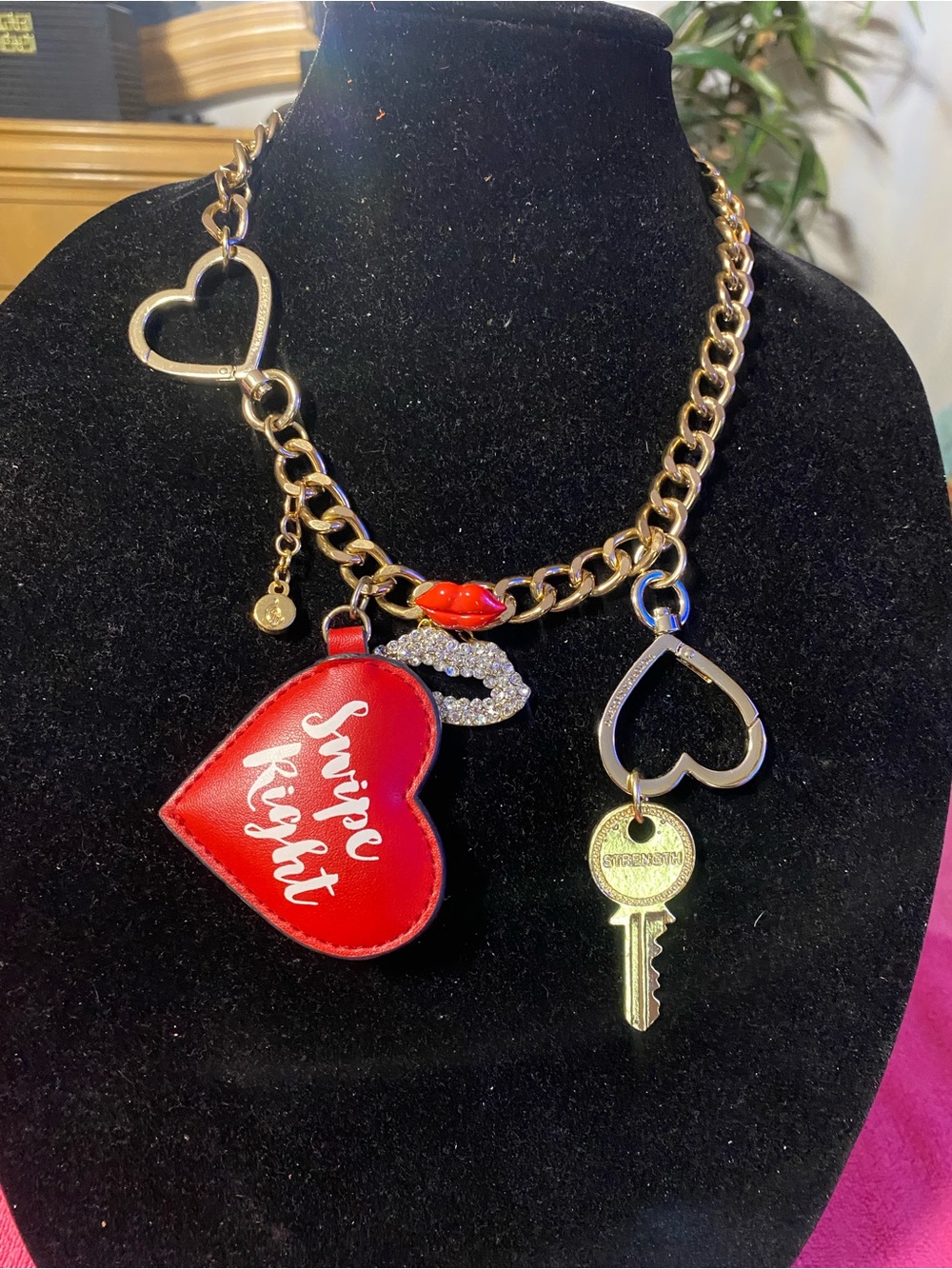 Gold-Tone Charm Necklace with Red Heart 'Swipe Right' Charm